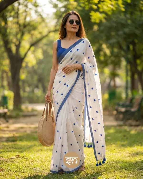 Dil_Dhadakne_Do:_White_and_Blue_Mul_Cotton_Saree_With_Embroidery_Work_For_Women