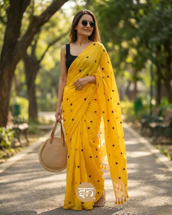 Dil_Dhadakne_Do:_Yellow_and_Black_Mul_Cotton_Saree_With_Embroidery_Work_For_Women