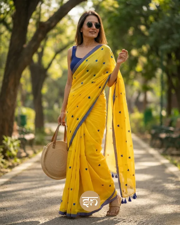 Dil_Dhadakne_Do:_Yellow_and_Blue_Mul_Cotton_Saree_With_Embroidery_Work_For_Women