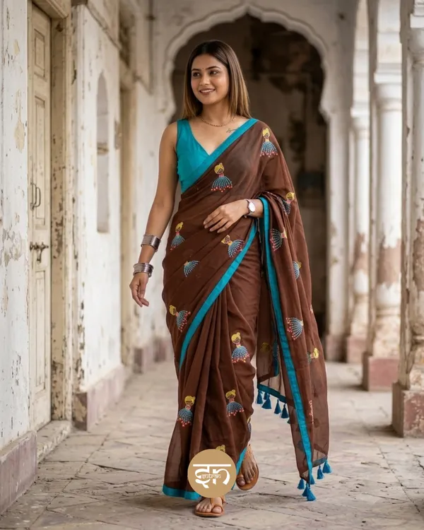 Dolly_Molly:_Brown_Mul_Cotton_Saree_With_Embroidery_Work_For_Women