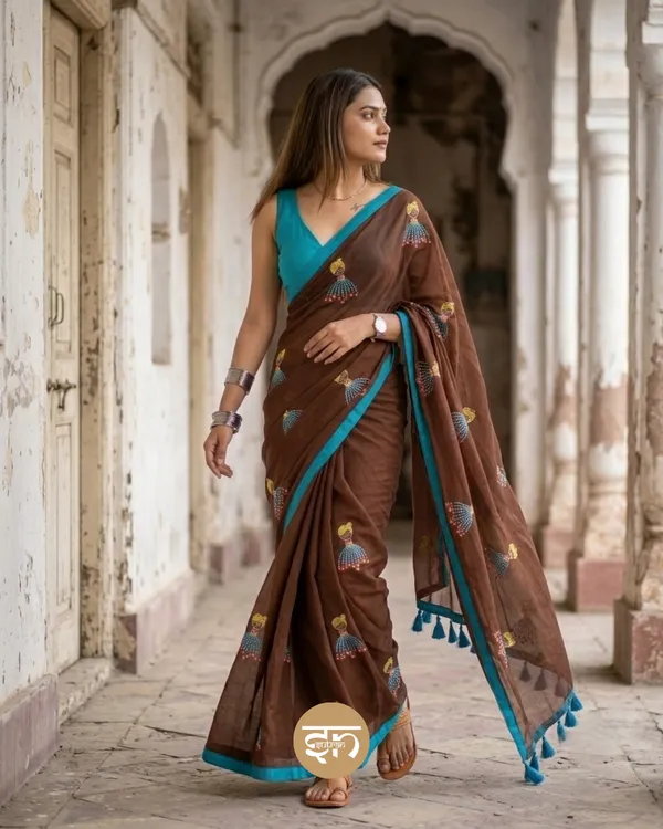 Dolly_Molly:_Brown_Mul_Cotton_Saree_With_Embroidery_Work_For_Women