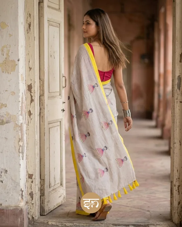 Dolly_Molly:_Grey_and_Yellow_Mul_Cotton_Saree_With_Embroidery_Work_For_Women