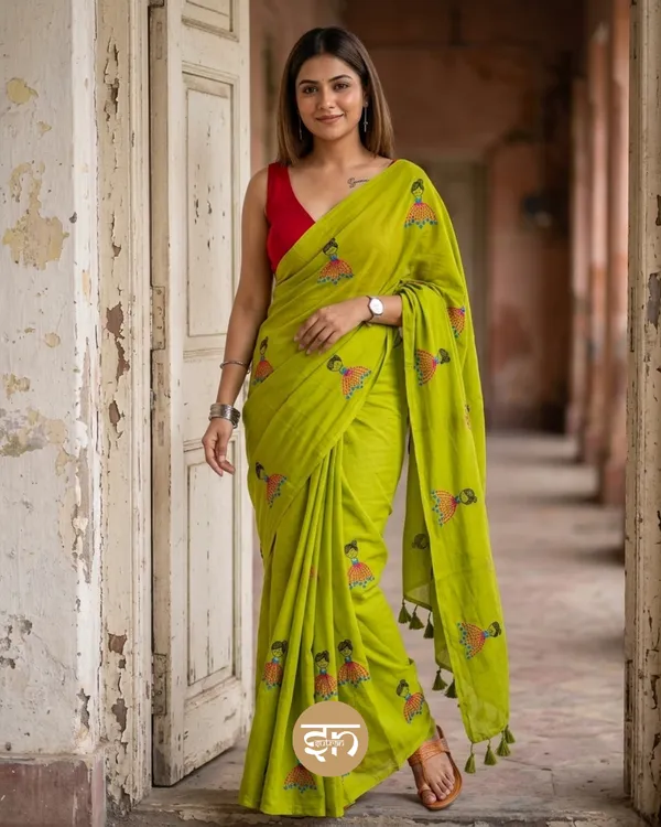 Dolly_Molly:_Parrot_Green_Mul_Cotton_Saree_With_Embroidery_Work_For_Women