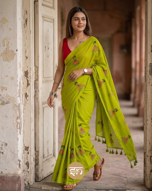 Dolly_Molly:_Parrot_Green_Mul_Cotton_Saree_With_Embroidery_Work_For_Women
