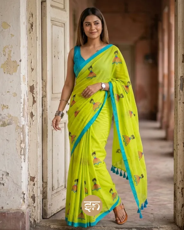 Dolly_Molly:_Neon_Green_Mul_Cotton_Saree_With_Embroidery_Work_For_Women