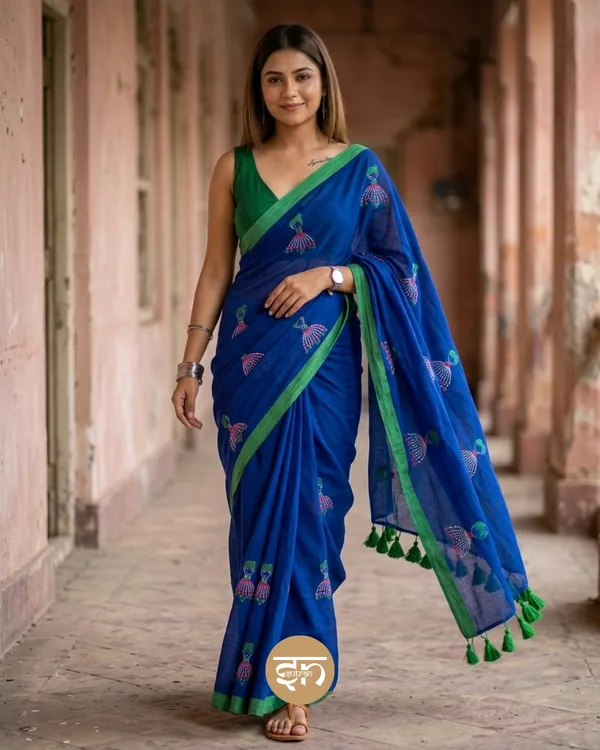 Dolly_Molly:_Royal_Blue_Mul_Cotton_Saree_With_Embroidery_Work_For_Women