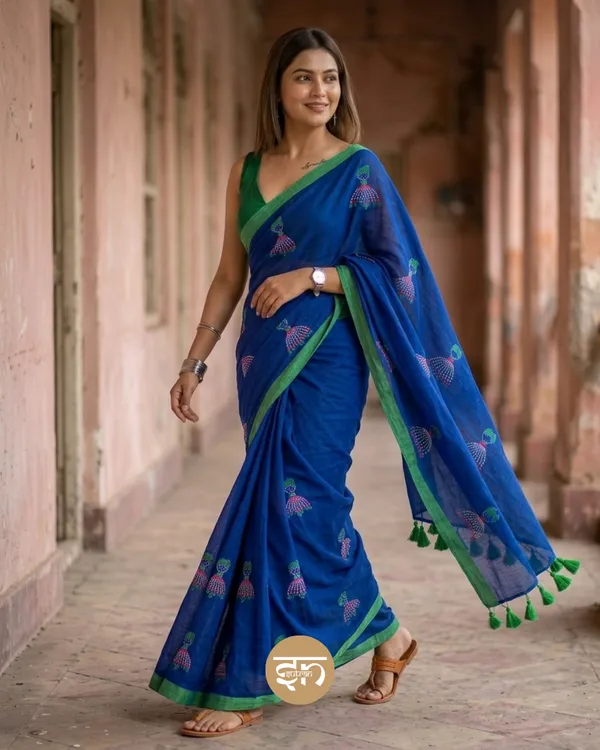 Dolly_Molly:_Royal_Blue_Mul_Cotton_Saree_With_Embroidery_Work_For_Women