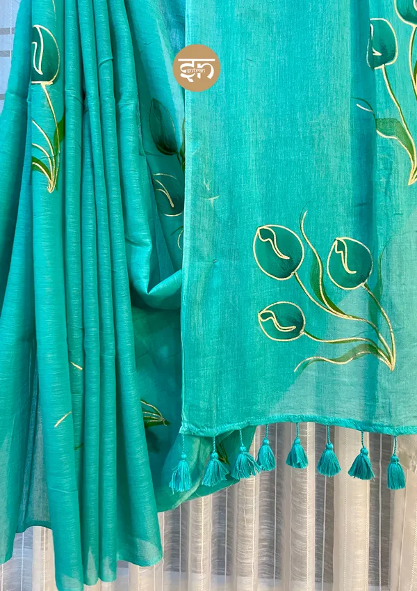 Rang_Rang_Mein:_Turquoise_Mul_Cotton_Saree_With_Hand-Painted_Work_For_Women