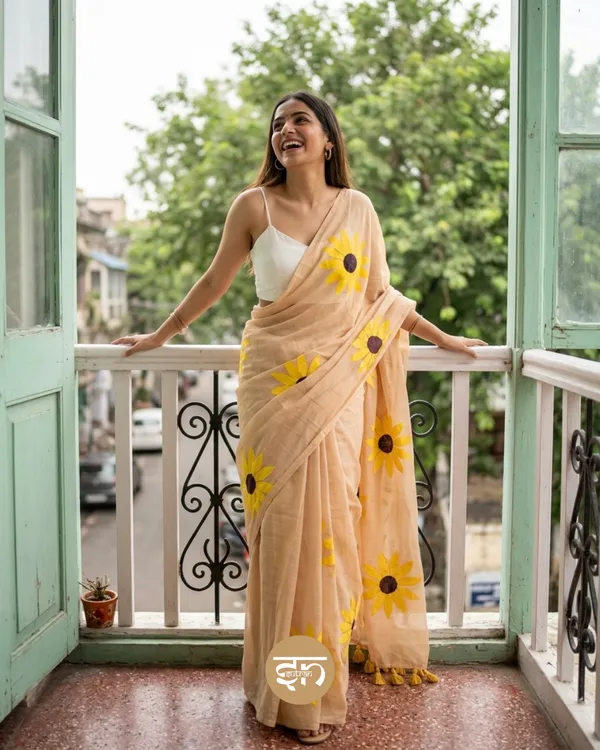 Suraj_Hua_Madhyam:_Beige_&_Yellow_Mul_Cotton_Saree_With_Hand-Painted_Work_For_Women