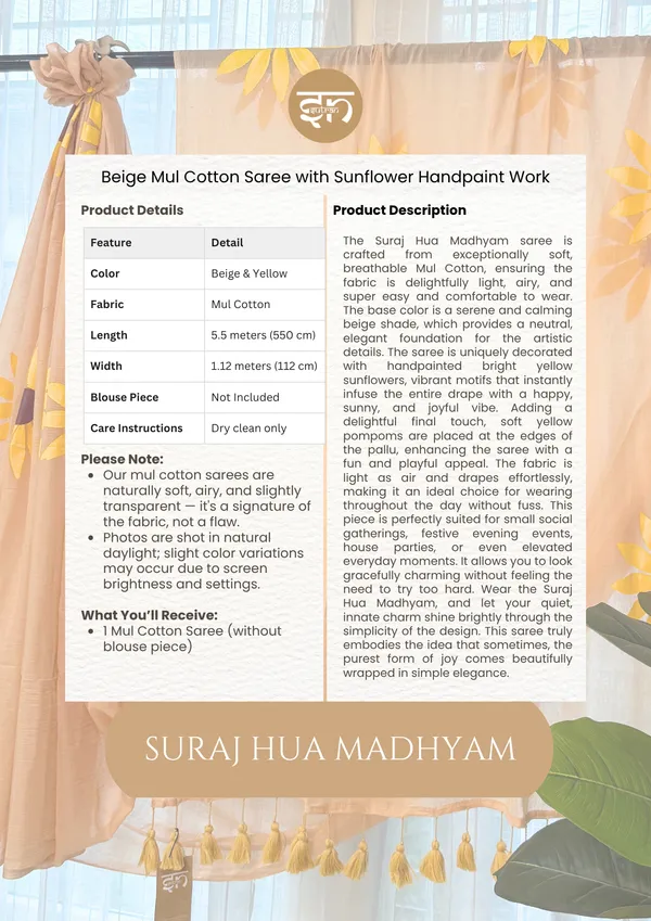Suraj_Hua_Madhyam:_Beige_&_Yellow_Mul_Cotton_Saree_With_Hand-Painted_Work_For_Women