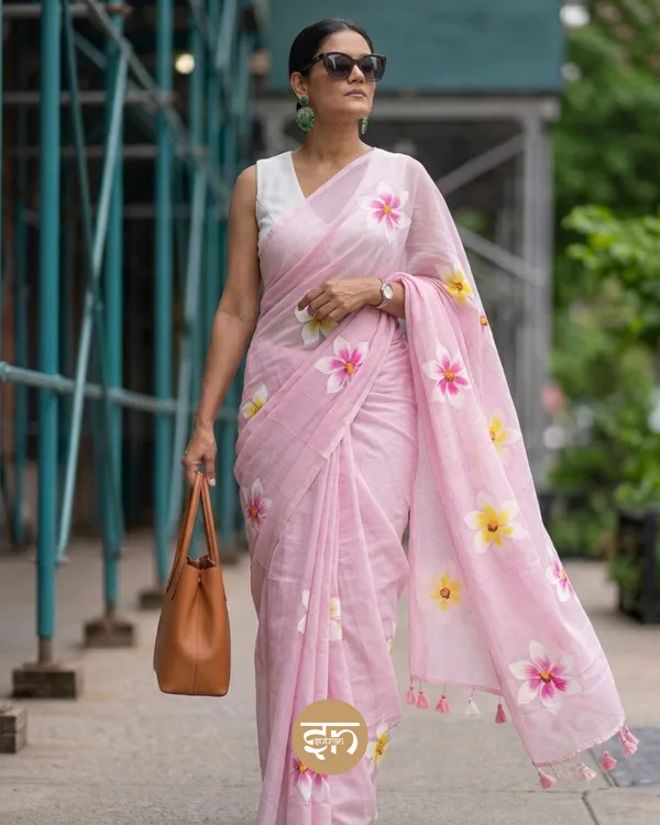 Ever_Blooming:_Baby_Pink_Mul_Cotton_Saree_With_Hand-Painted_Work_For_Women