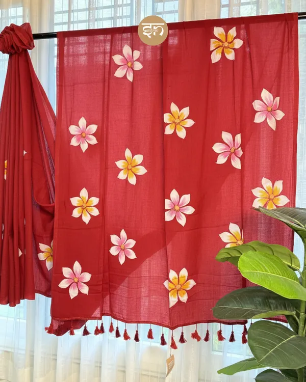 Ever_Blooming:_Red_Mul_Cotton_Saree_With_Hand-Painted_Work_For_Women