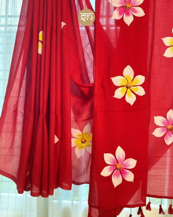 Ever_Blooming:_Red_Mul_Cotton_Saree_With_Hand-Painted_Work_For_Women