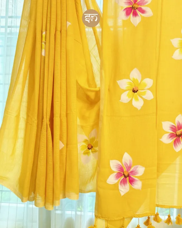 Ever_Blooming:_Yellow_Mul_Cotton_Saree_With_Hand-Painted_Work_For_Women