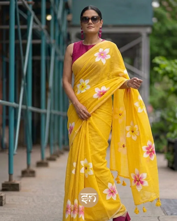 Ever_Blooming:_Yellow_Mul_Cotton_Saree_With_Hand-Painted_Work_For_Women