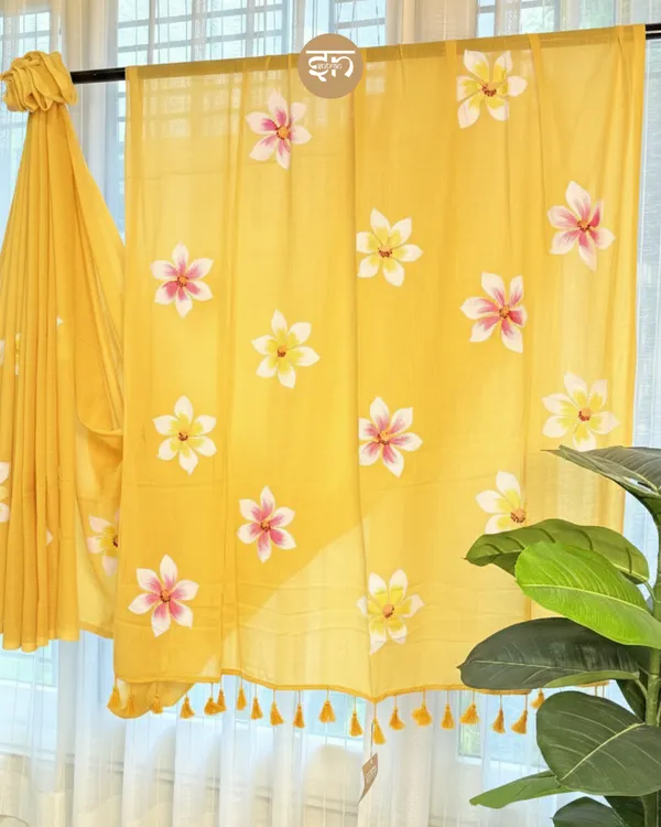Ever_Blooming:_Yellow_Mul_Cotton_Saree_With_Hand-Painted_Work_For_Women