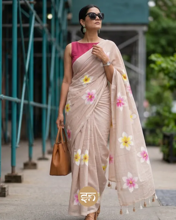 Ever_Blooming:__Beige_Mul_Cotton_Saree_With_Hand-Painted_Work_For_Women