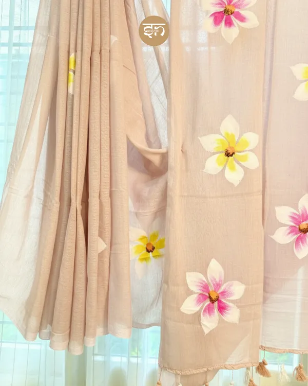 Ever_Blooming:__Beige_Mul_Cotton_Saree_With_Hand-Painted_Work_For_Women