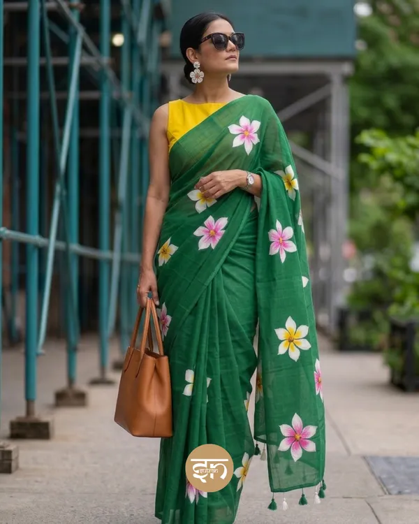 Ever_Blooming:__Bottle_Green_Mul_Cotton_Saree_With_Hand-Painted_Work_For_Women