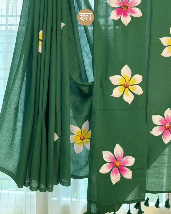 Ever_Blooming:__Bottle_Green_Mul_Cotton_Saree_With_Hand-Painted_Work_For_Women