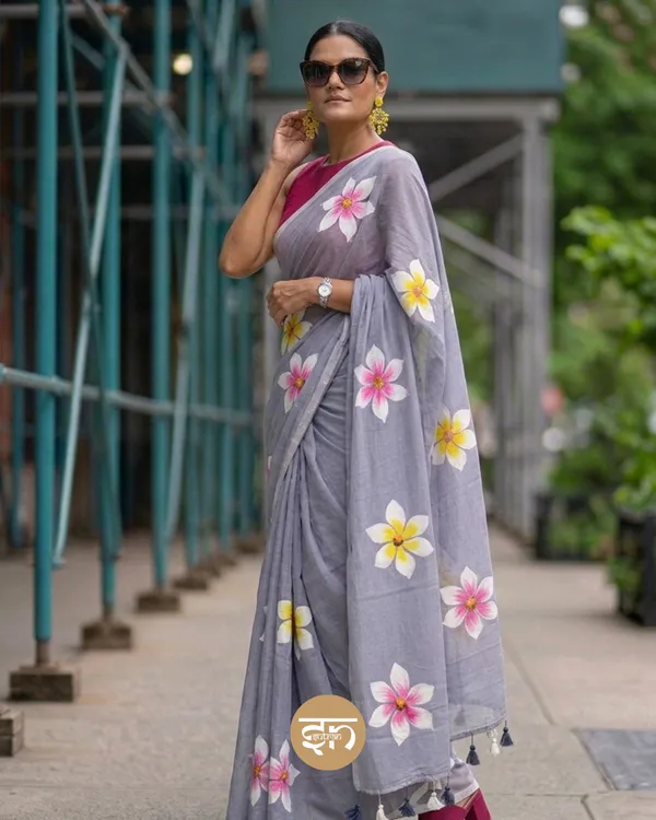 Ever_Blooming:__Grey_Mul_Cotton_Saree_With_Hand-Painted_Work_For_Women