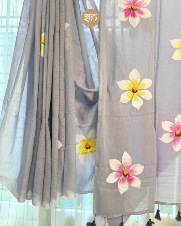 Ever_Blooming:__Grey_Mul_Cotton_Saree_With_Hand-Painted_Work_For_Women
