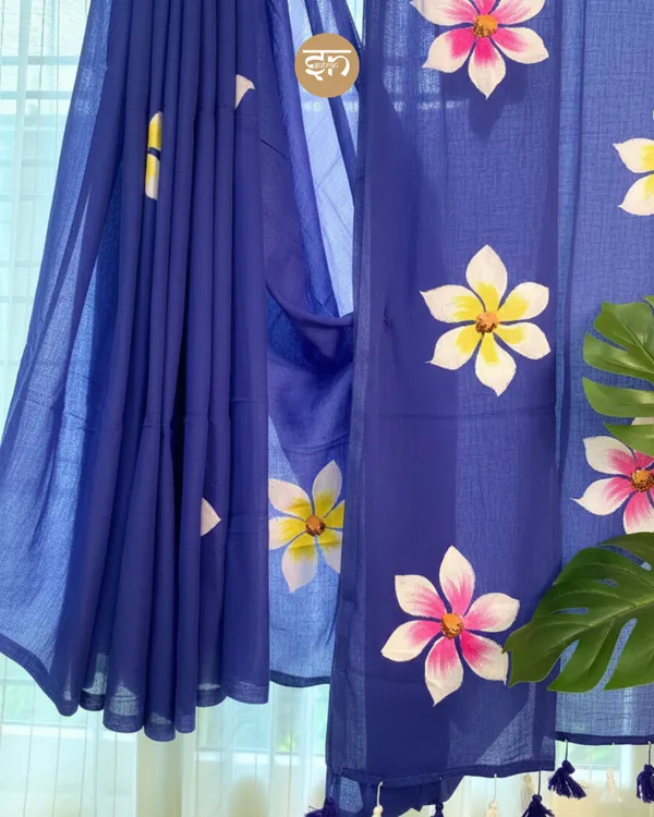 Ever_Blooming:__Indigo_Mul_Cotton_Saree_With_Hand-Painted_Work_For_Women