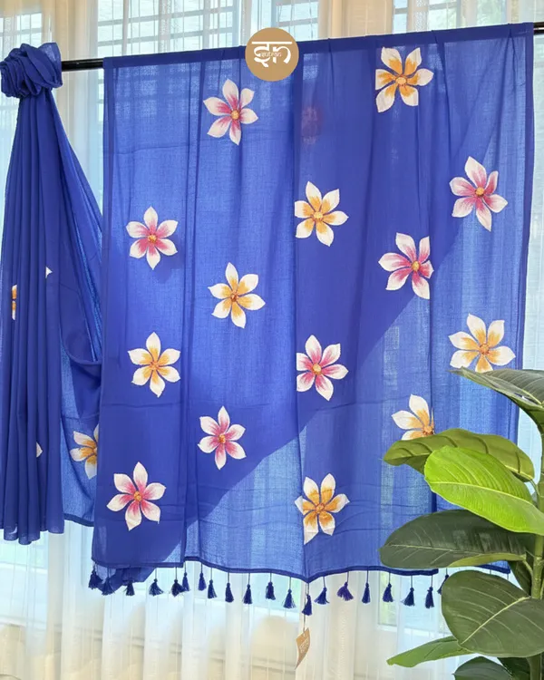 Ever_Blooming:__Indigo_Mul_Cotton_Saree_With_Hand-Painted_Work_For_Women