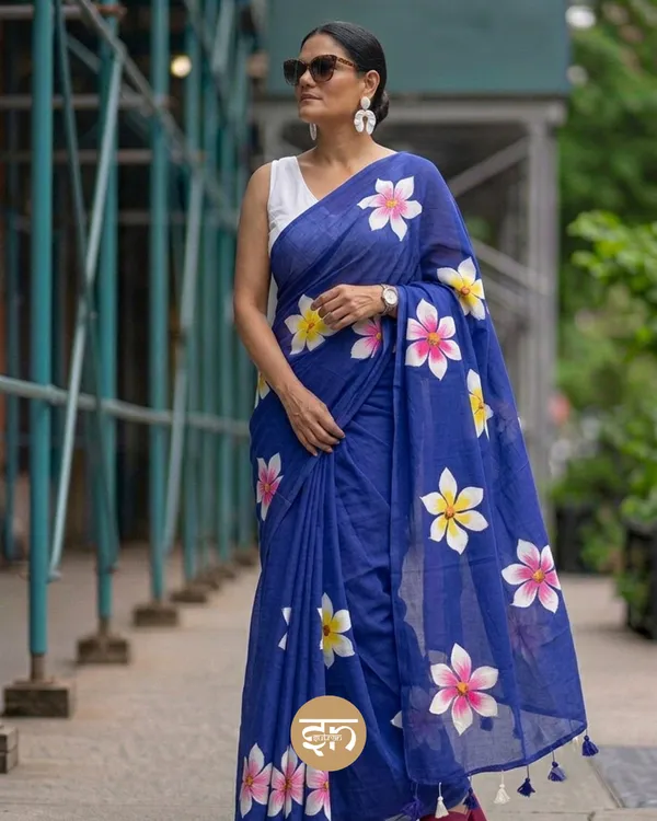 Ever_Blooming:__Indigo_Mul_Cotton_Saree_With_Hand-Painted_Work_For_Women