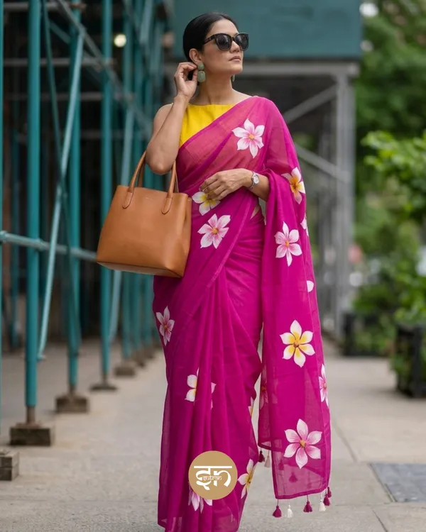 Ever_Blooming:__Magenta_Mul_Cotton_Saree_With_Hand-Painted_Work_For_Women