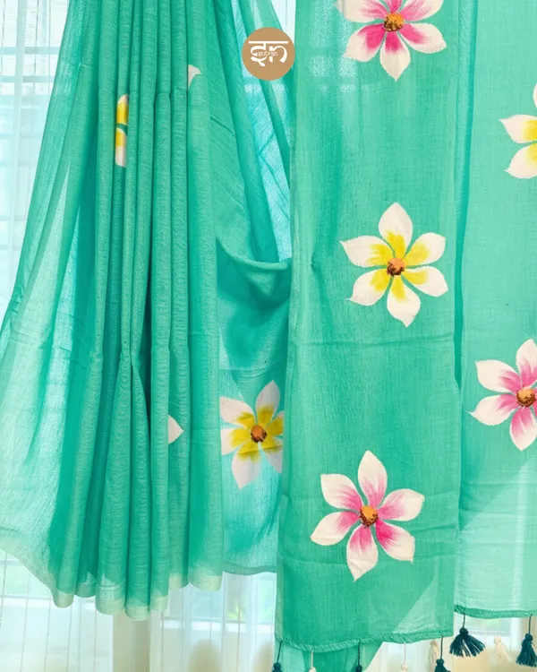 Ever_Blooming:__Sea_Green_Mul_Cotton_Saree_With_Hand-Painted_Work_For_Women