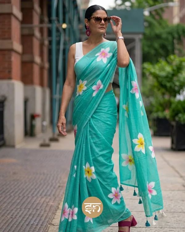 Ever_Blooming:__Sea_Green_Mul_Cotton_Saree_With_Hand-Painted_Work_For_Women