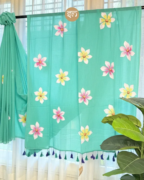 Ever_Blooming:__Sea_Green_Mul_Cotton_Saree_With_Hand-Painted_Work_For_Women
