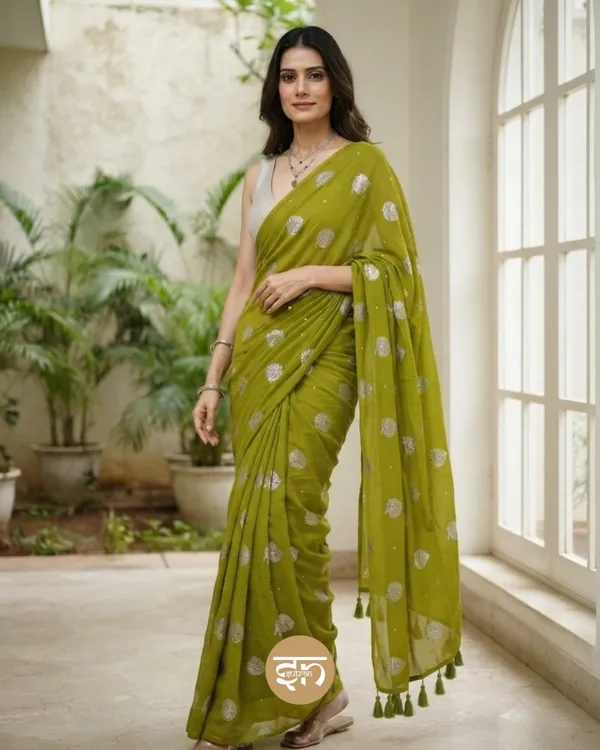 Moonlit_Leaves:_Olive_Green_Pure_Mul_Cotton_Saree_with_Elegant_Leaf_Sequin_Embroidery_Work
