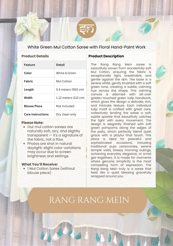 Rang_Rang_Mein:_White_&_Green_Mul_Cotton_Saree_With_Hand-Painted_Work_For_Women