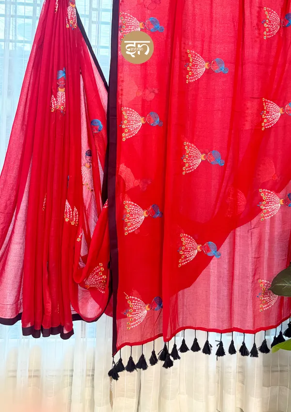 Dolly_Molly:_Red_&_Brown_Mul_Cotton_Saree_With_Embroidery_Work_For_Women