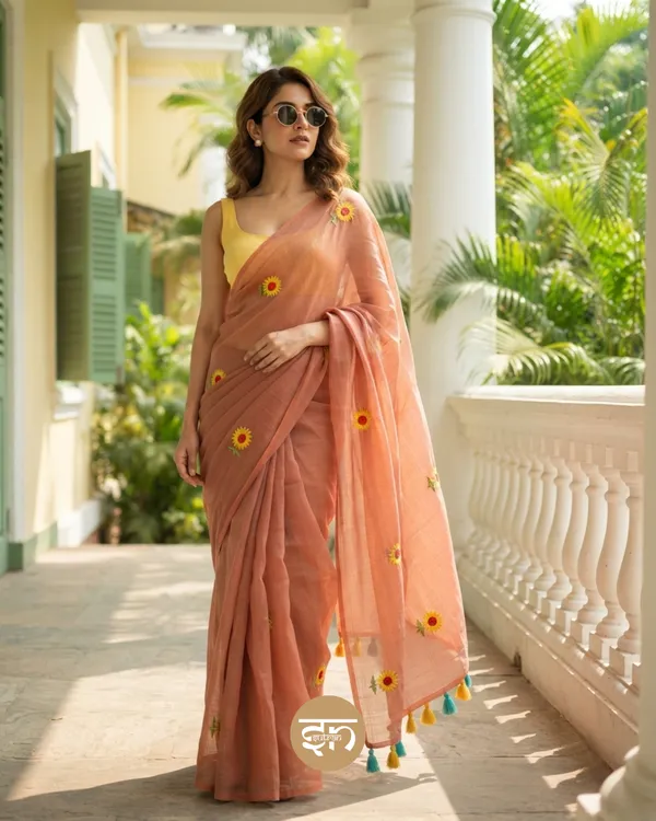 Sooraj_Ki_Bahoon_Mein:_Brown_Pure_Mul_Cotton_Saree_with_Beautiful_Sunflower_Embroidery_Work