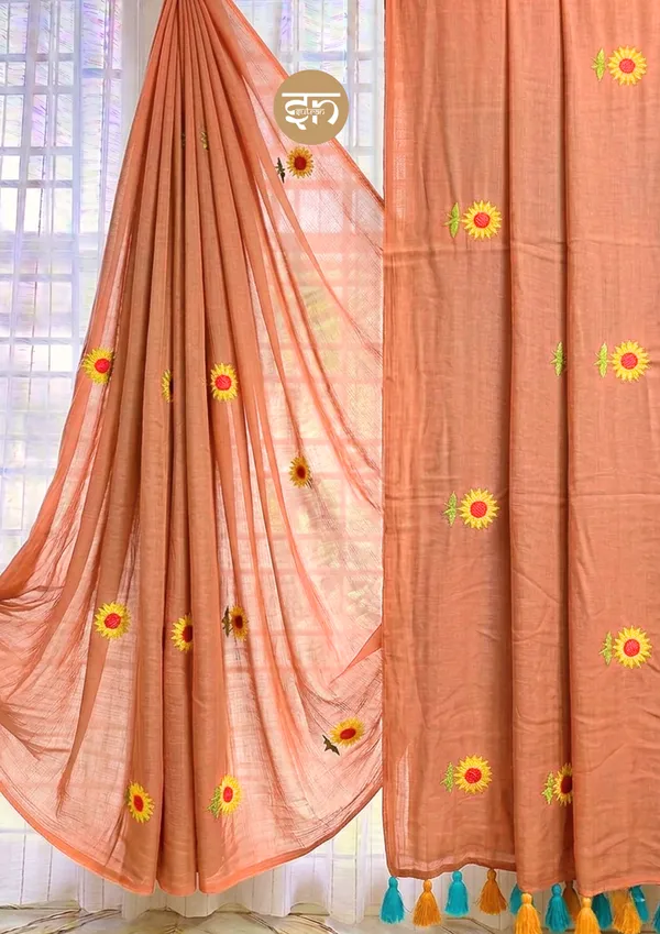 Sooraj_Ki_Bahoon_Mein:_Brown_Pure_Mul_Cotton_Saree_with_Beautiful_Sunflower_Embroidery_Work