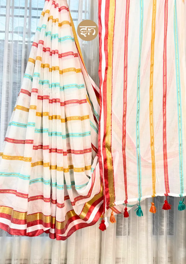 Rangtarang:_White_&_Multicolor_Mul_Cotton_Saree_For_Women