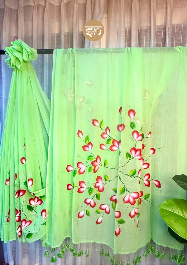 Ever_Blooming:_Green_&_Pink_Mul_Cotton_Saree_With_Hand-Painted_Work_For_Women