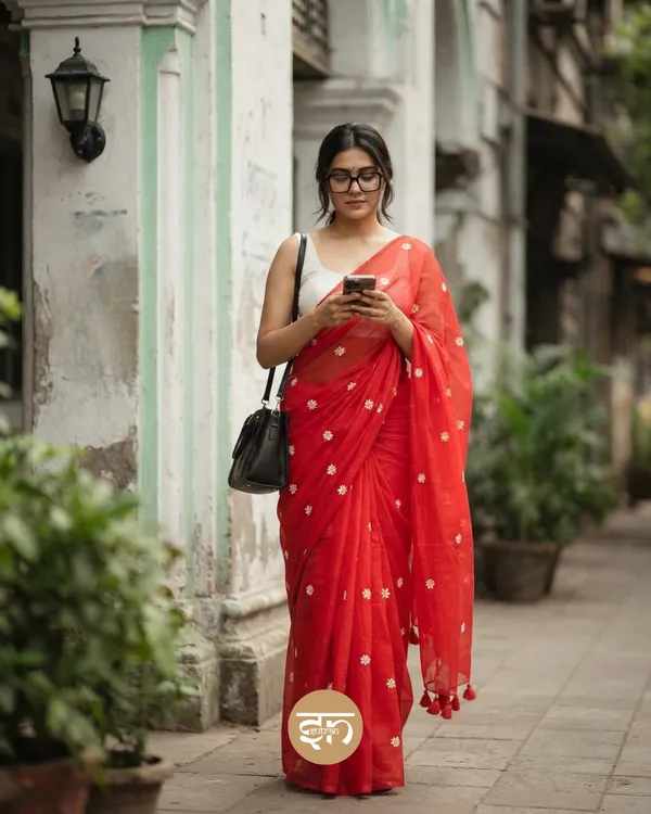 Truly_Shiuli:_Red_Mul_Cotton_Saree_With_Embroidery_Work__For_Women