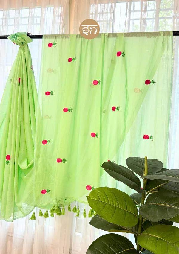 Tooty_Fruity:_Light_Green_&_Pink_Mul_Cotton_Saree_With_Embroidery_Work_For_Women