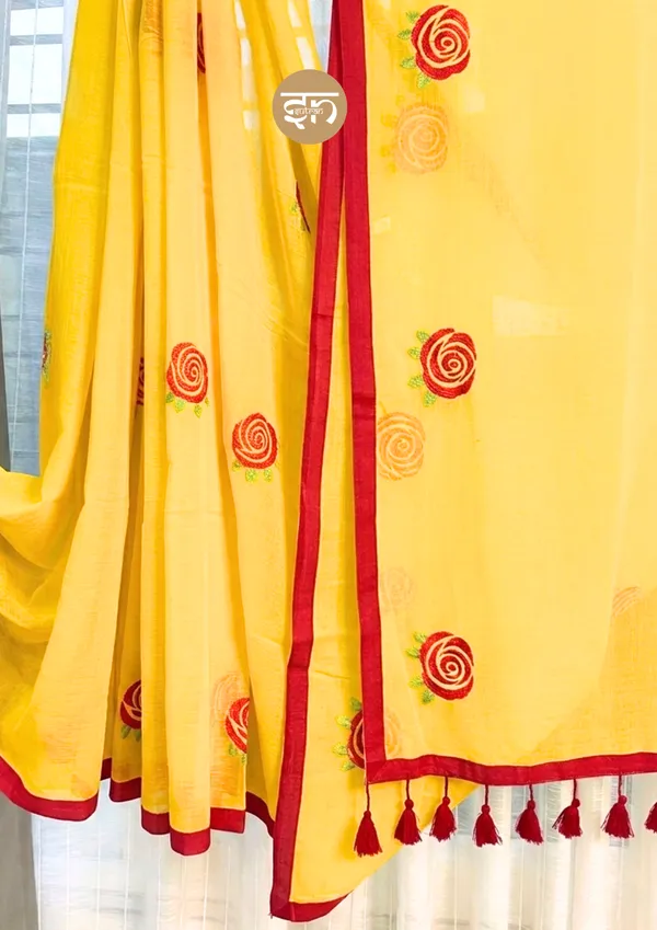Seli_Fulkari:_Yellow_Pure_Mul_Cotton_Saree_with_All-Over_Rose_Embroidery_Work