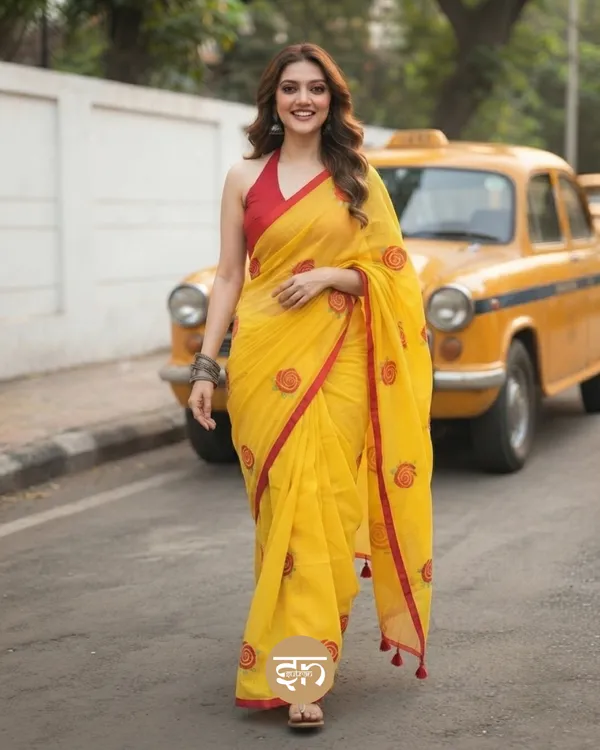 Seli_Fulkari:_Yellow_Pure_Mul_Cotton_Saree_with_All-Over_Rose_Embroidery_Work