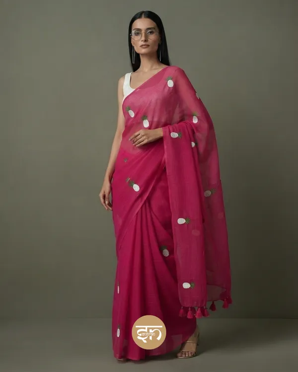 Tooty_Fruity:_Pink_&_White_Mul_Cotton_Saree_With_Embroidery_Work_For_Women