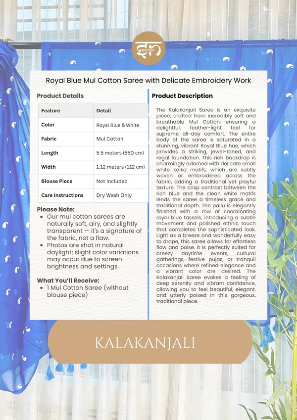 Kalakanjali:_Blue_&_White_Mul_Cotton_Saree_With_Embroidery_Work_For_Women