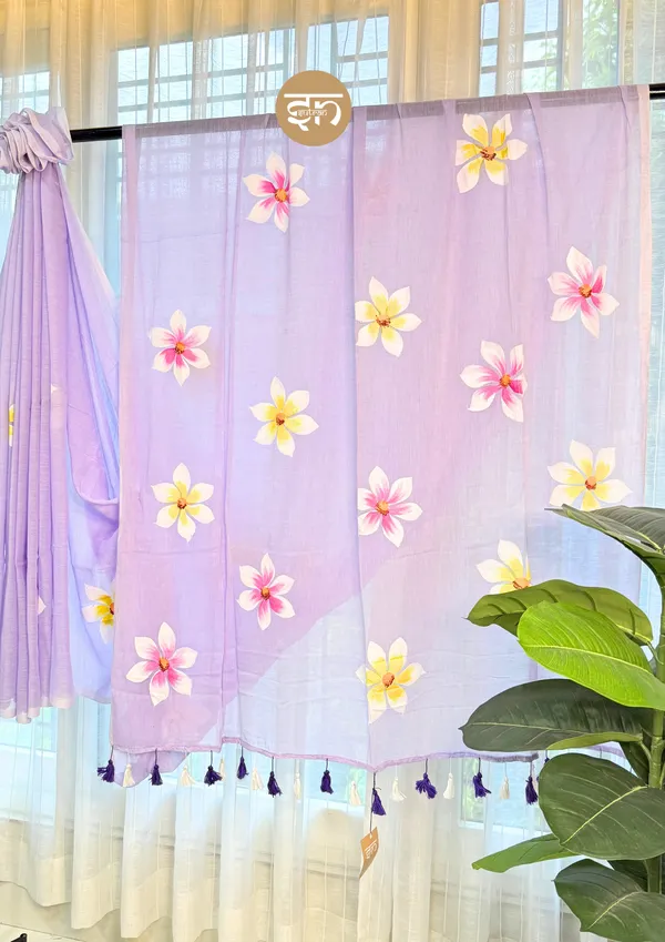 Ever_Blooming:_Lavender_Mul_Cotton_Saree_With_Hand-Painted_Work_For_Women