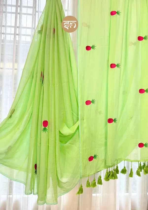 Tooty_Fruity:_Light_Green_&_Pink_Mul_Cotton_Saree_With_Embroidery_Work_For_Women