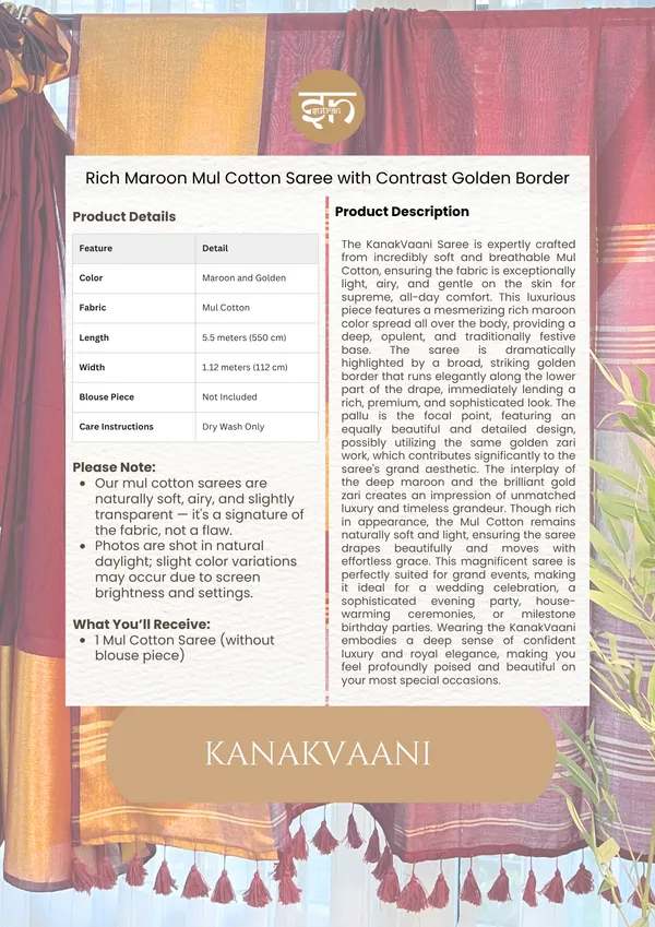 KanakVaani:_Maroon_&_Golden_Mul_Cotton_Saree_For_Women