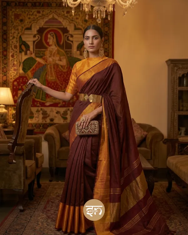 KanakVaani:_Maroon_&_Golden_Mul_Cotton_Saree_For_Women